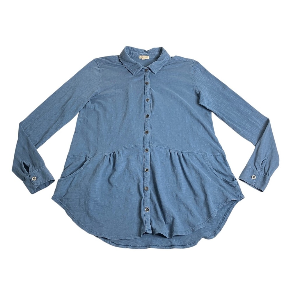 Mod-O-Doc Top Womens M Blue Peplum Pockets Metal‎ Button Up Collared Long Sleeve